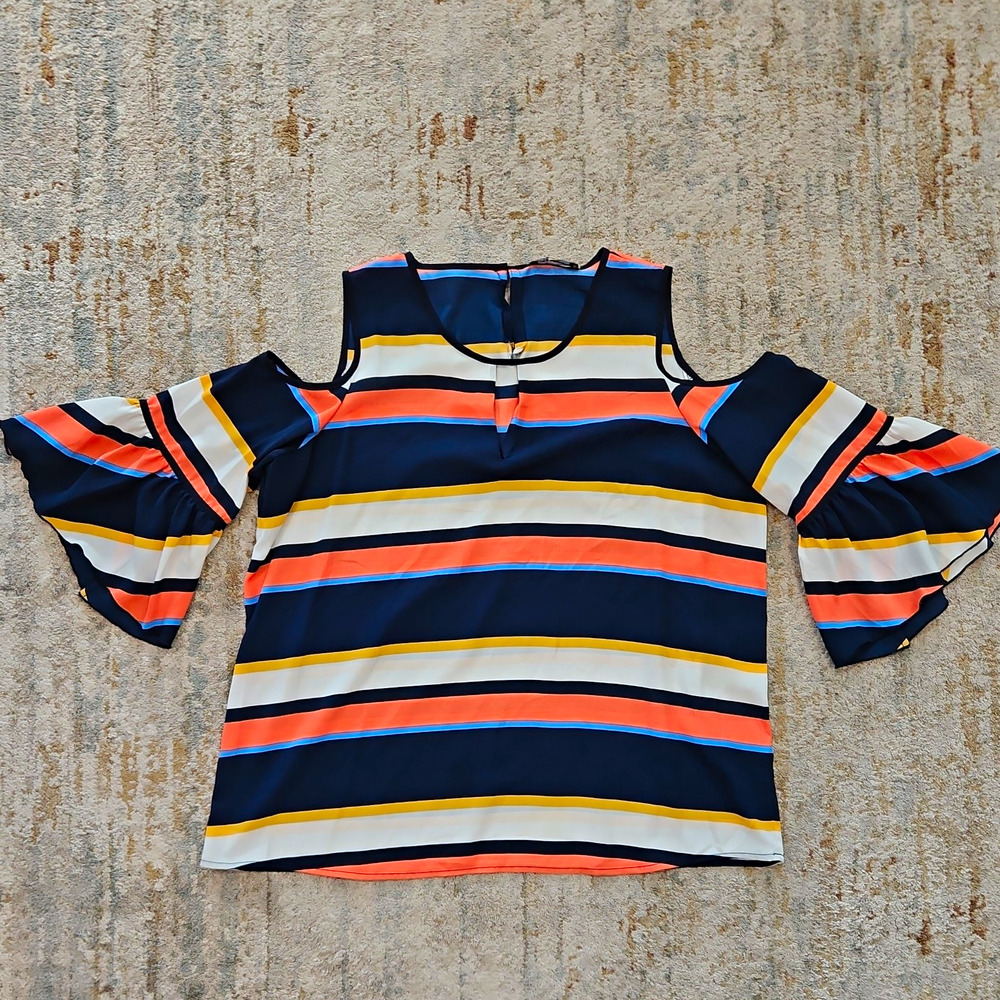 Karl Lagerfeld Paris Women's XL Multicolor Striped Cold Shoulder Round Neck Top
